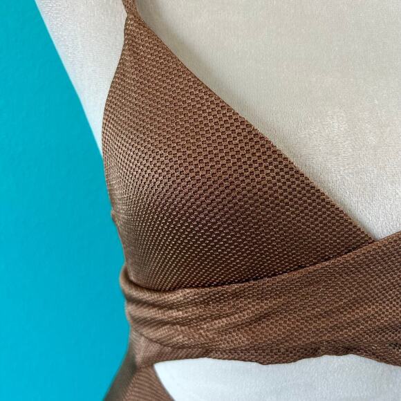 NWT Aerie Pique One Piece Wrap Full Coverage Swimsuit Raw Sienna Tan Size XS - Picture 5 of 8